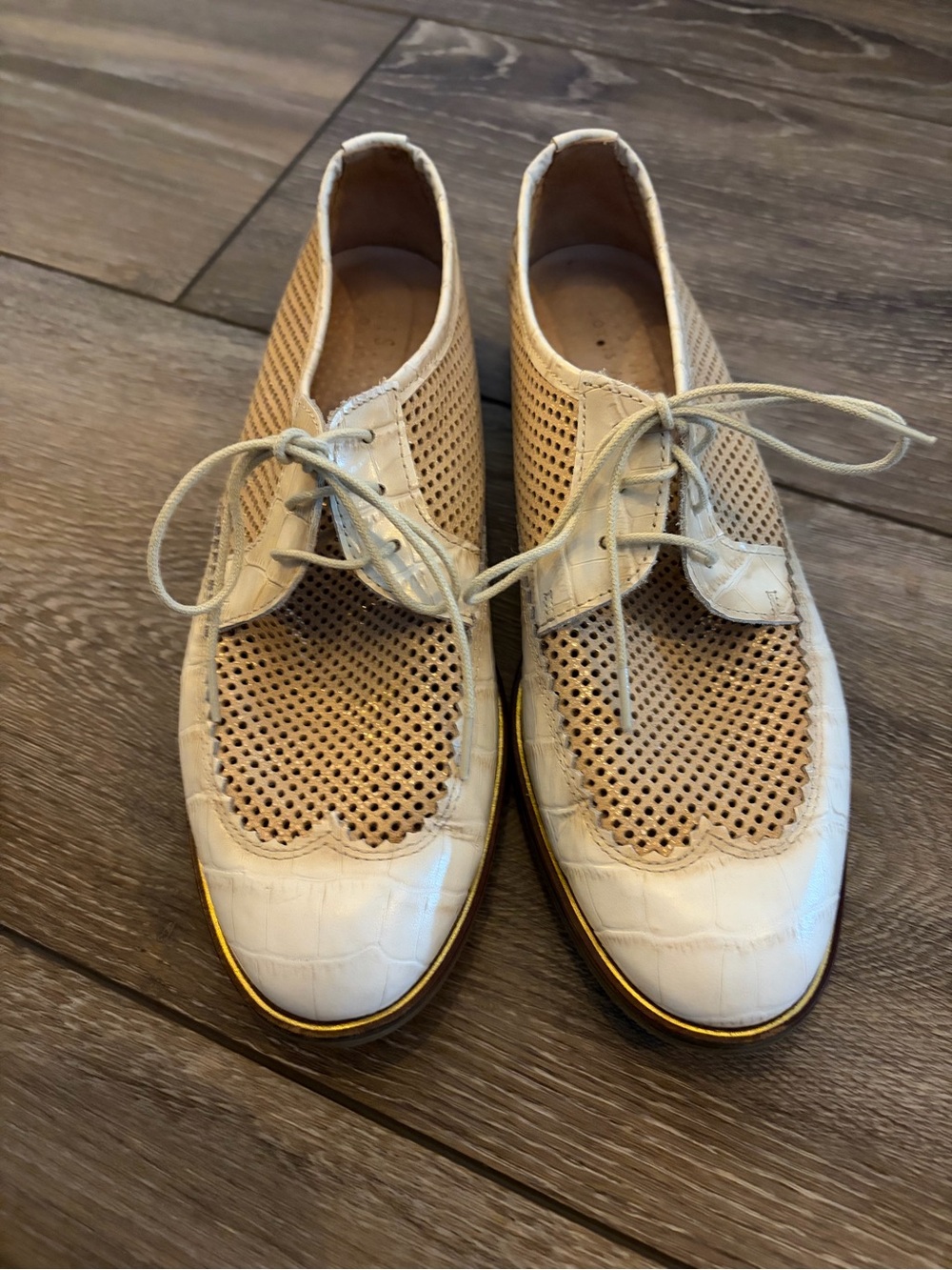 Women's Cream Perforated Lace-Up Flats